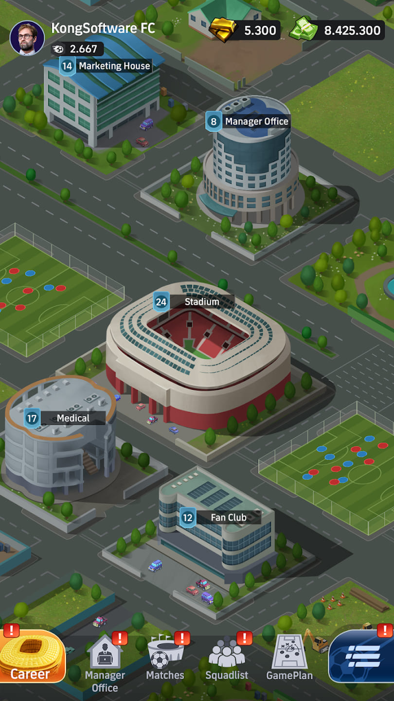 Centrum kariery z miastem klubowym, stadionem i biurem menedżera